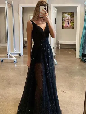 Sparkly Black A Line V Neck Sequins Long Prom, Black Formal, Graduation