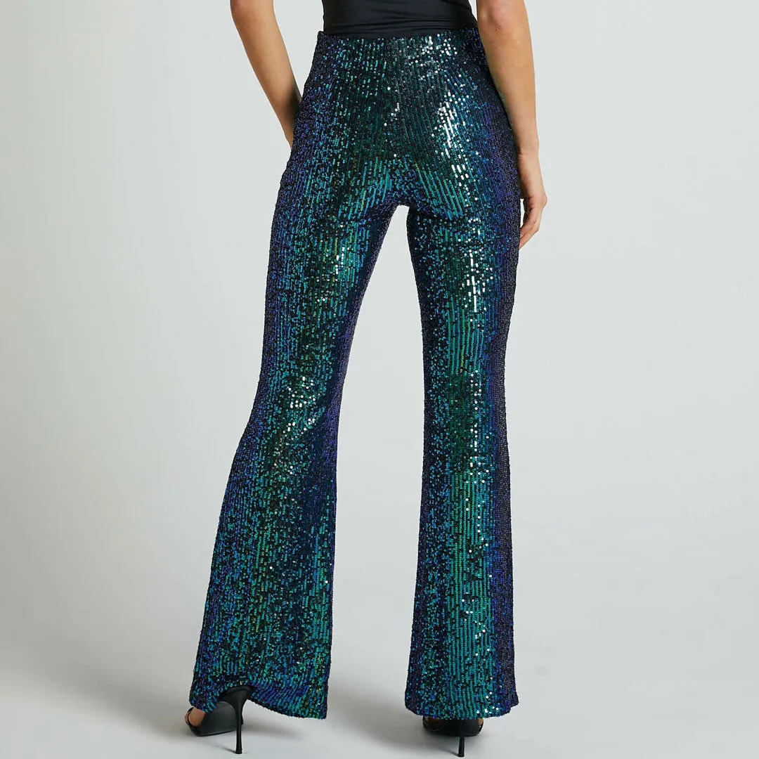 Sparkly High Waist Fit and Flare Wide Leg Party Sequin Pants - Emerald Green