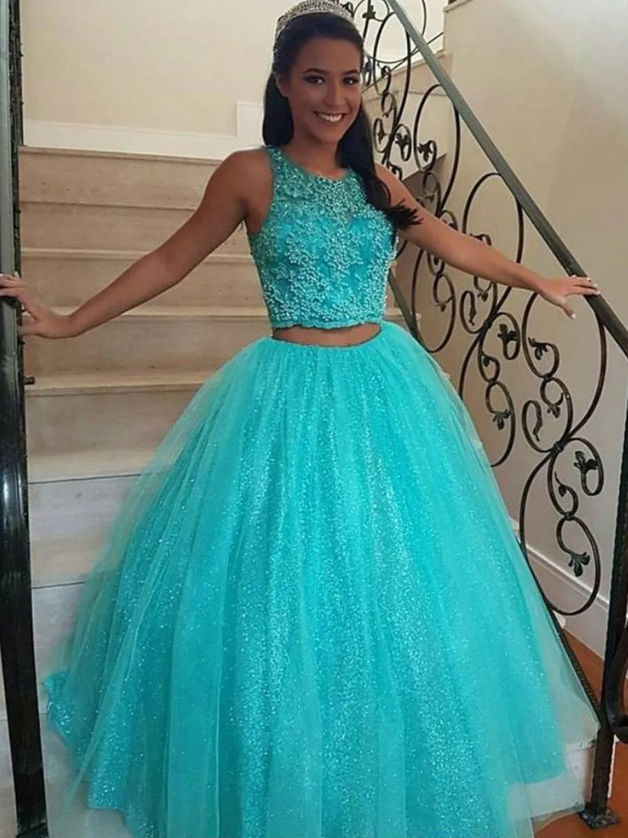 Sparkly Round Neck Two Pieces Lace Beading Long Prom, Two Pieces Lace Ball Gown, Formal