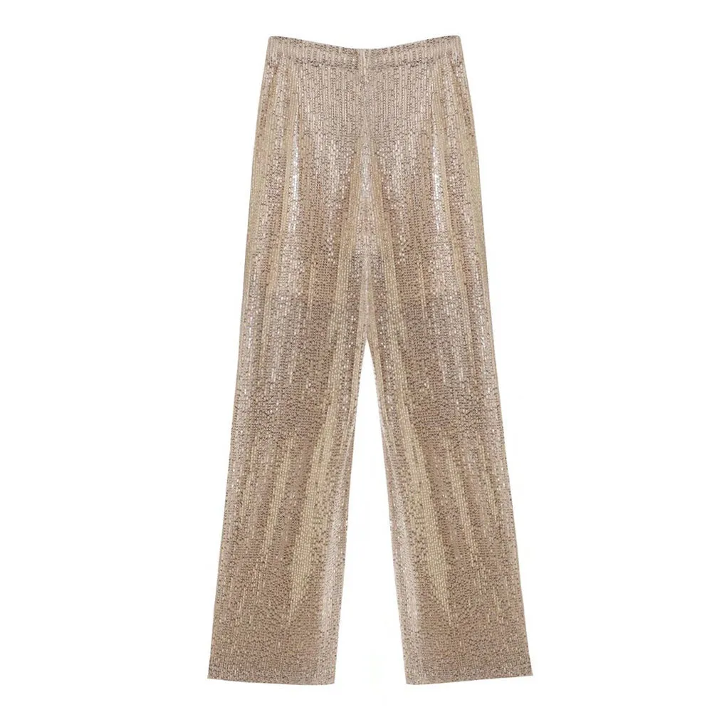 Sparkly Sequin Embellished High Waist Side Pocket Wide Leg Pants - Gold