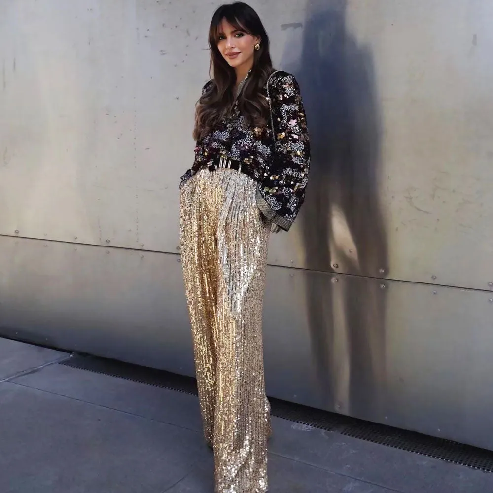 Sparkly Sequin Embellished High Waist Side Pocket Wide Leg Pants - Gold