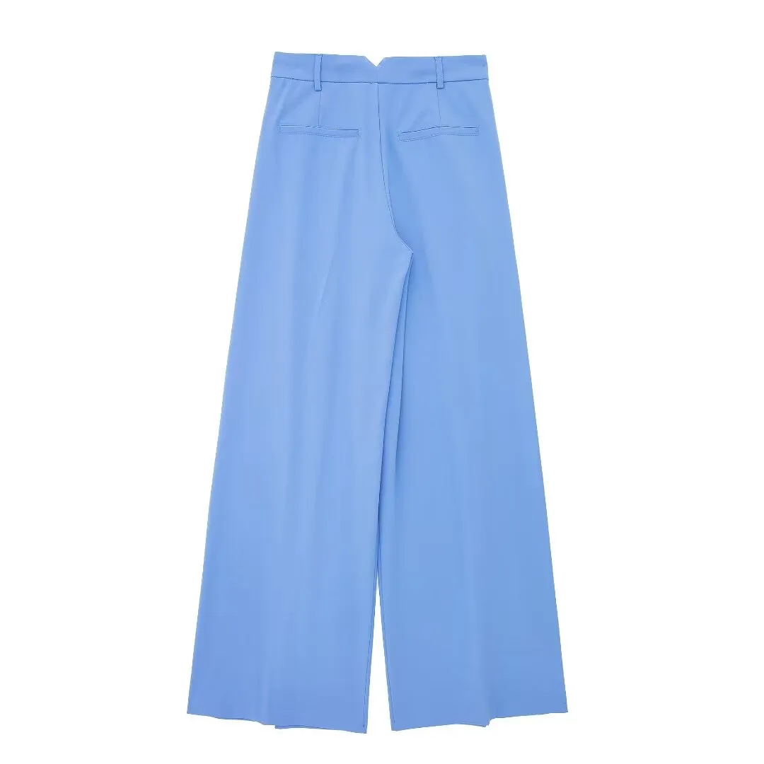 Spring Loose Casual High Waist Straight Pleated Pants Simple Office Drape Wide Leg Casual Pants Women