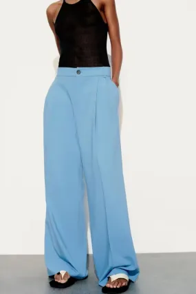 Spring Loose Casual High Waist Straight Pleated Pants Simple Office Drape Wide Leg Casual Pants Women