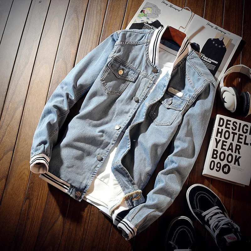 Stand Collar Varsity Stonewashed Denim Jacket