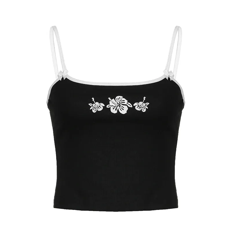 Strap Black Flowers Embroidery Skinny Short Tops Y2K Clothes Vintage Grunge Mini Sexy Camisole Summer Bow Stitch New