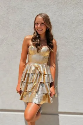 Strapless Layered Gold Satin Prom Dress, Short Gold Homecoming Dress, Strapless Formal Evening Dress A2179