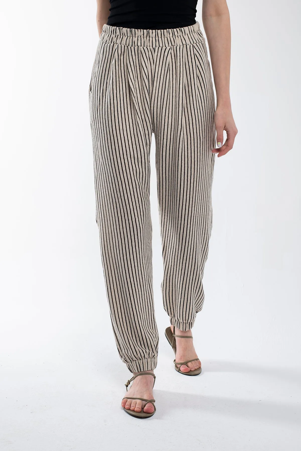 Striped Linen Pants with Elastic Legs