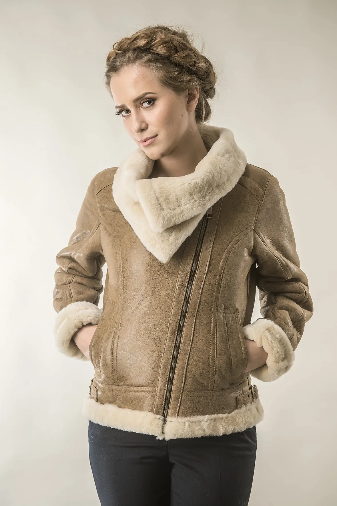 Stylish Merino Fur Shearling Leather Jacket, Light Brown