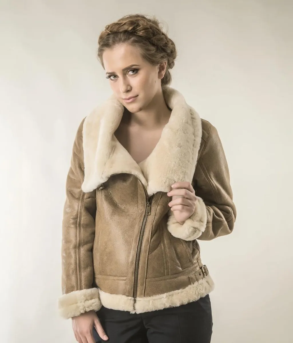 Stylish Merino Fur Shearling Leather Jacket, Light Brown