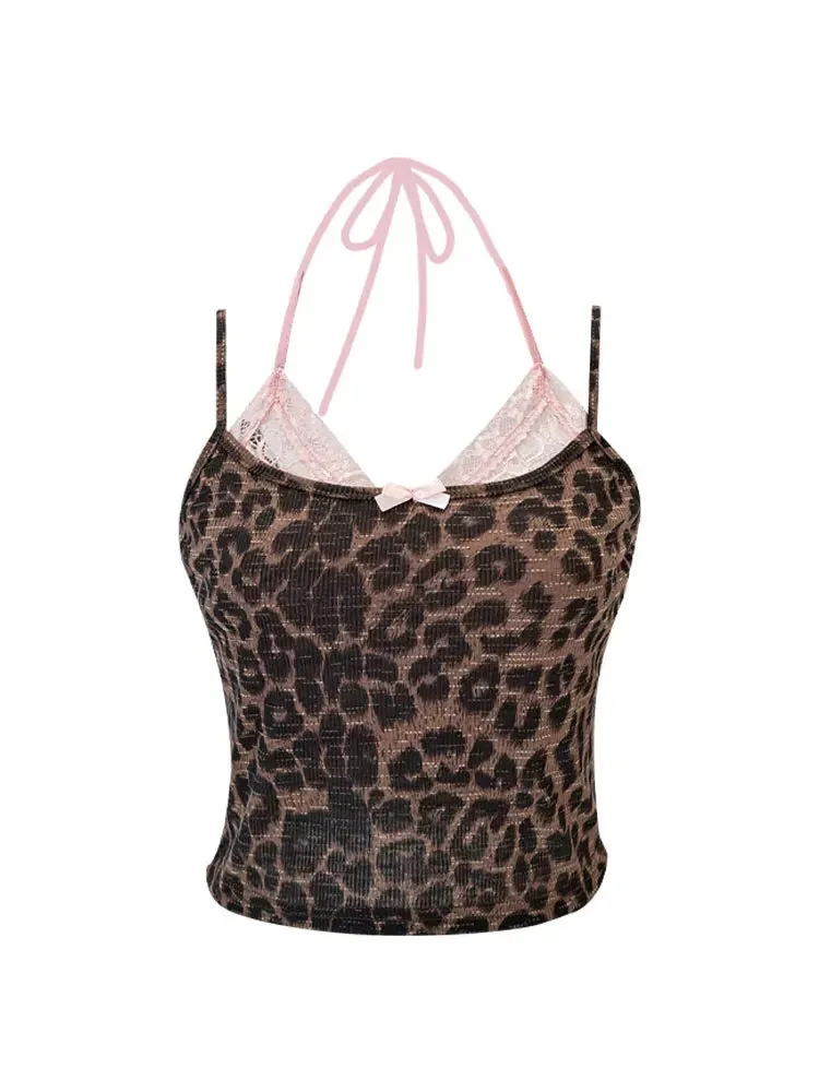 Summer Women Korean Ballet Core Fake Two Pieces Camisole Coquette Dark Academia Leopard Print Crop Top Gyaru 2000s Aesthetic Hot