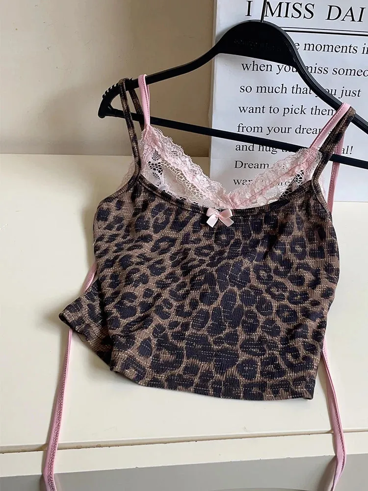 Summer Women Korean Ballet Core Fake Two Pieces Camisole Coquette Dark Academia Leopard Print Crop Top Gyaru 2000s Aesthetic Hot