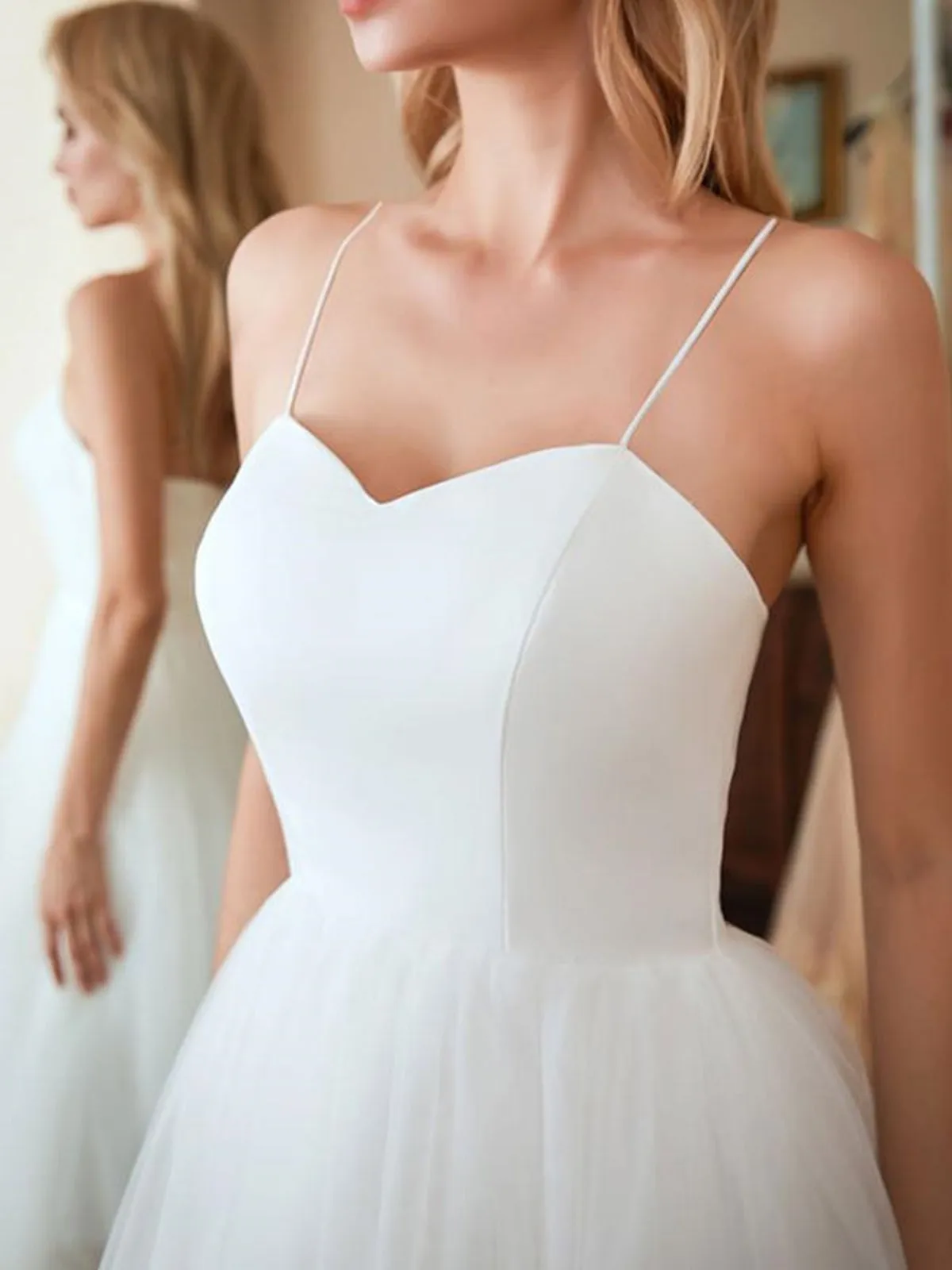 Sweetheart Neck Thin Straps White Tea Length Prom, Tea Length White Homecoming, White Formal Evening