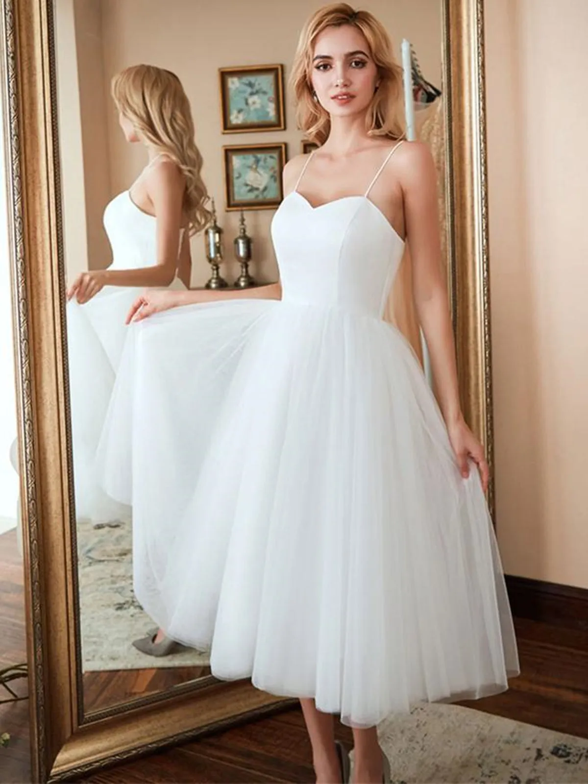 Sweetheart Neck Thin Straps White Tea Length Prom, Tea Length White Homecoming, White Formal Evening