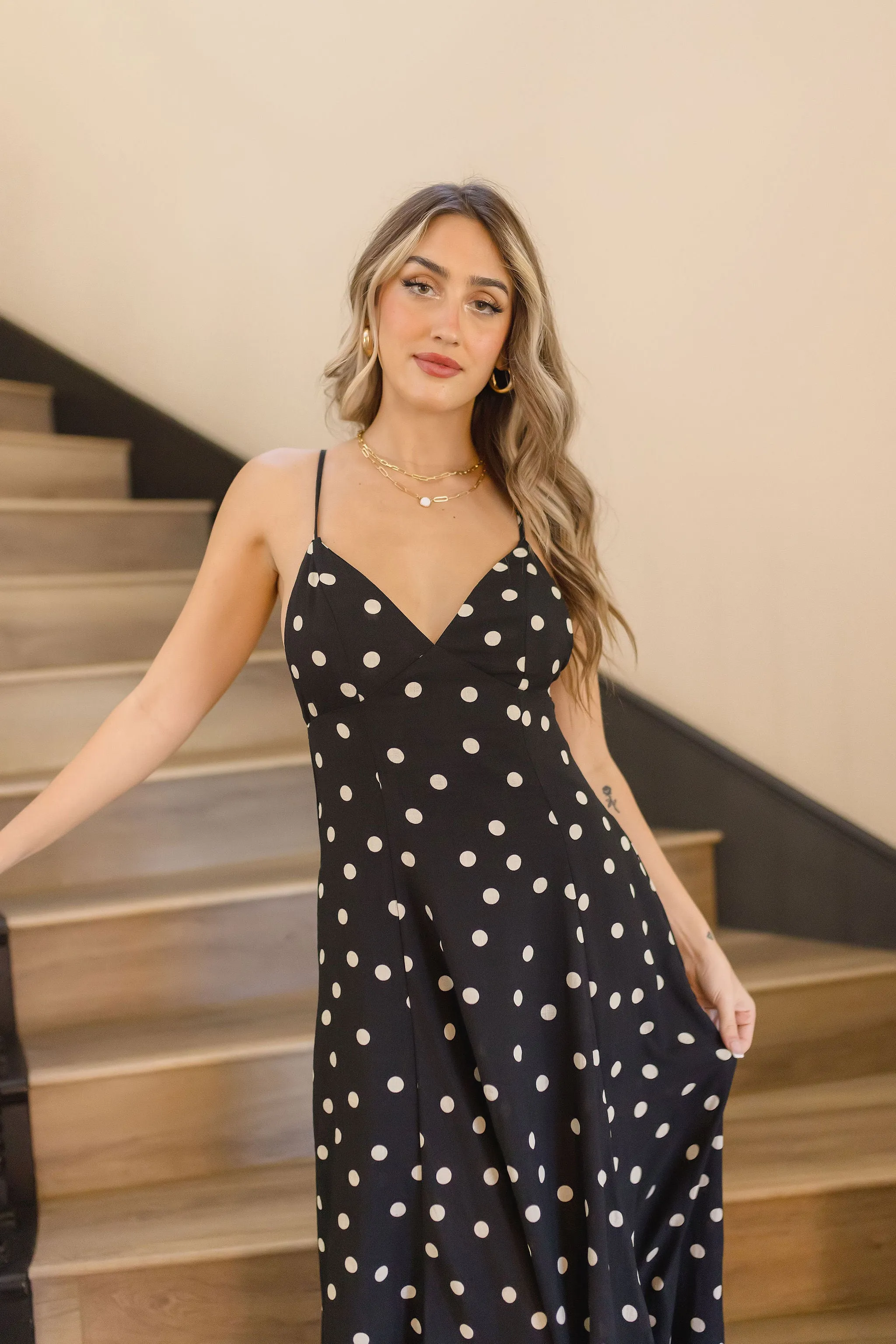 Sydney Sleeveless Back Tie Polka Dot Print Maxi Dress Black