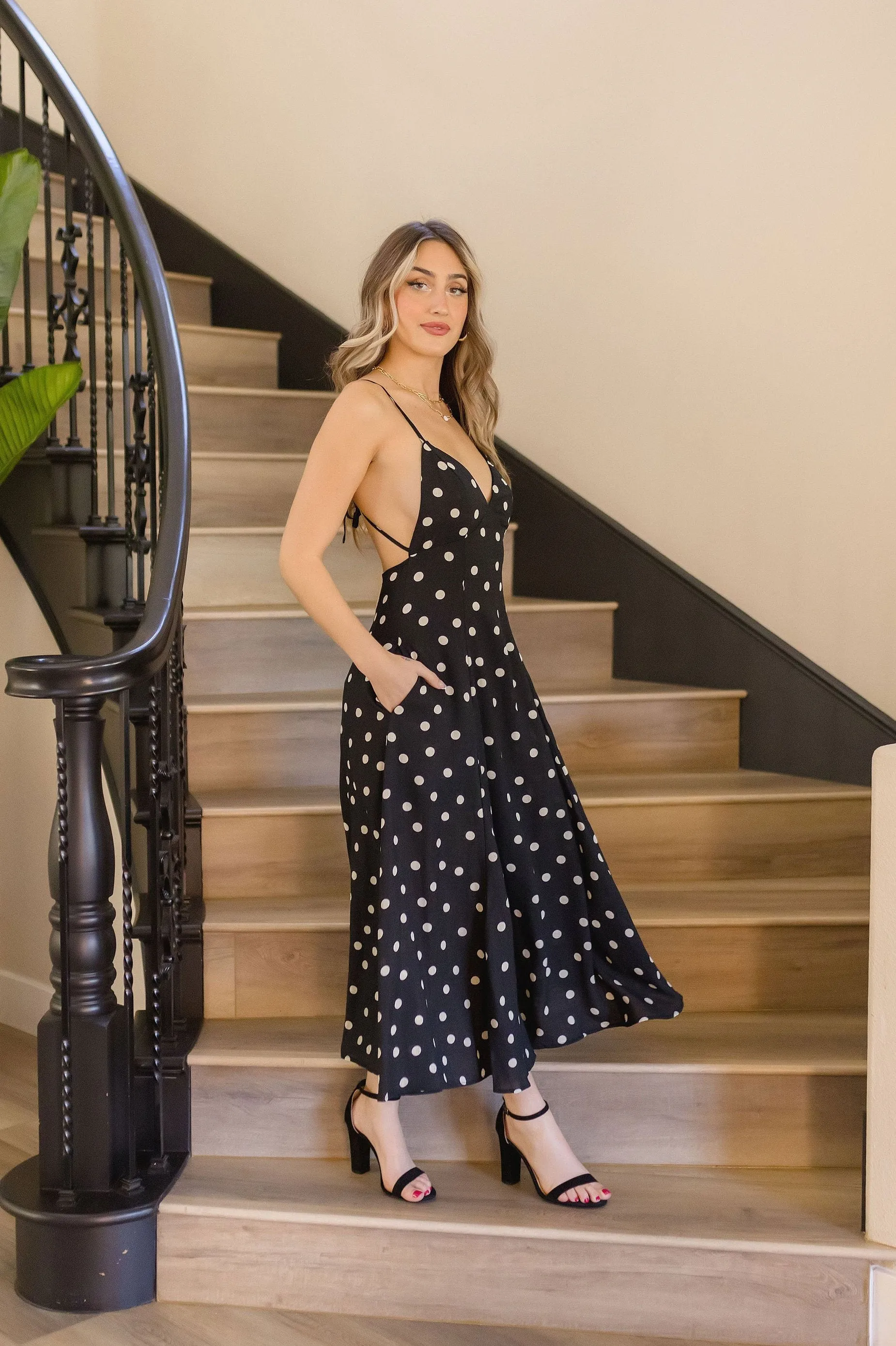 Sydney Sleeveless Back Tie Polka Dot Print Maxi Dress Black