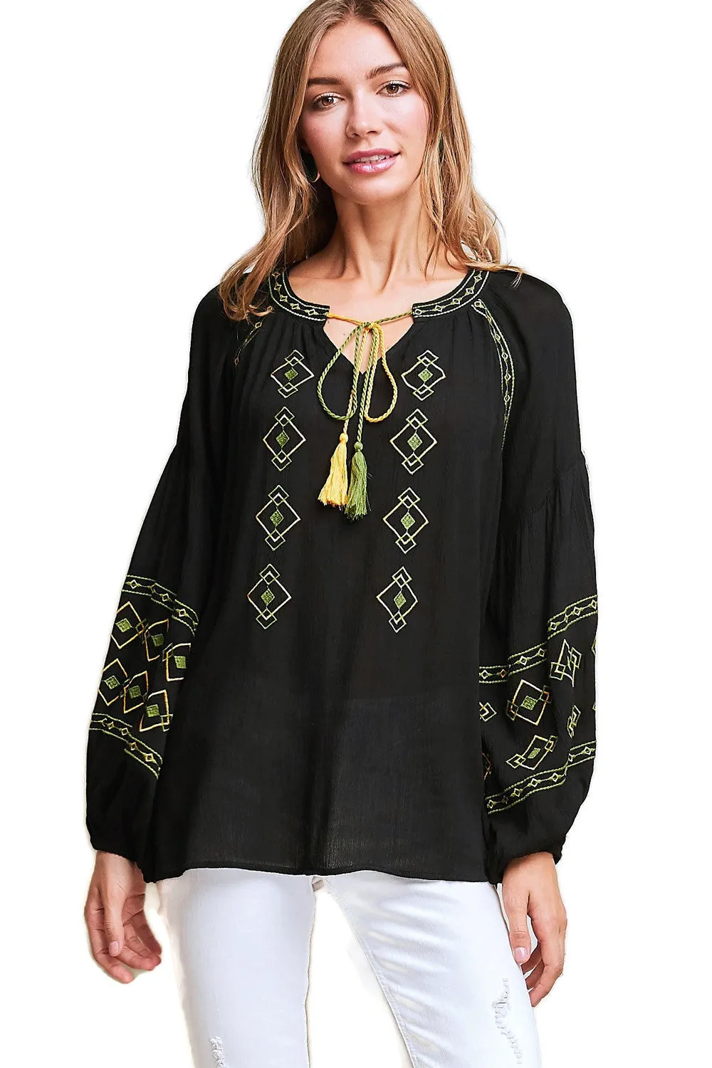 Tassel Tie Peasant Blouse