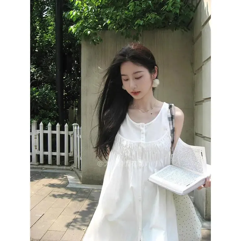 TAVIMART  -  New Fashion Set Women Sweet Lace Spliced Camisole Dress Summer Layup Sleeveless Tank Top Loose White Dress Set Two Piece Set