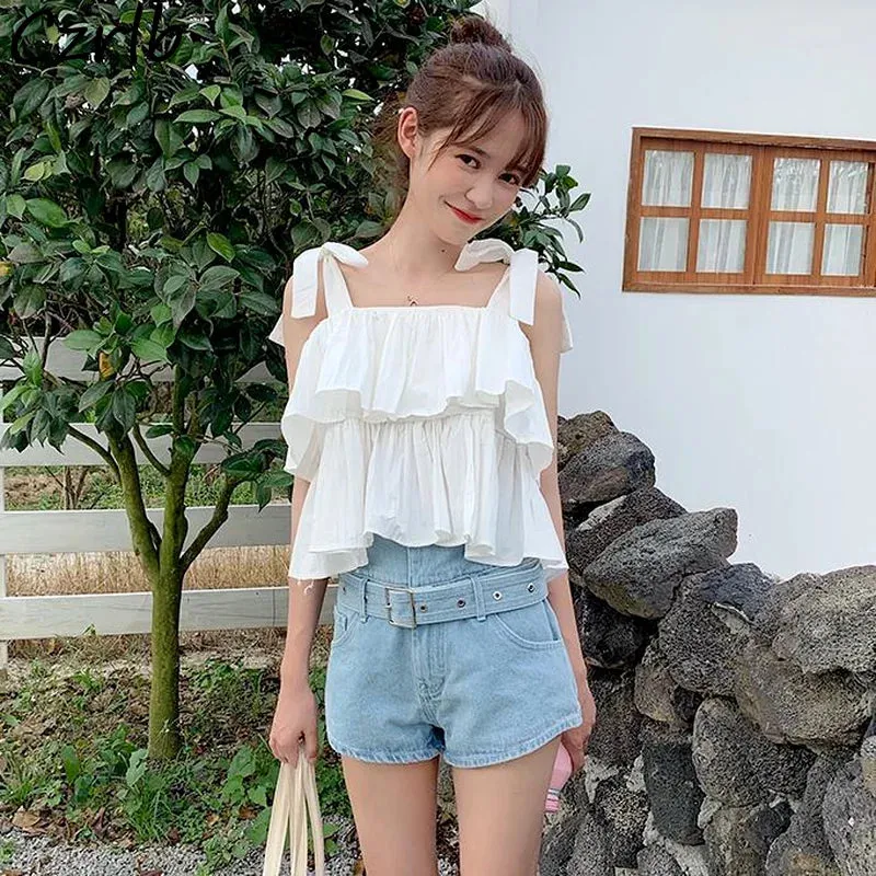 TAVIMART  -   White Camisole Women Summer New Ruffles Sweet Slim Crop Top Sexy Students Clothes Fashion Casual All-match Camis Aesthetic Femme