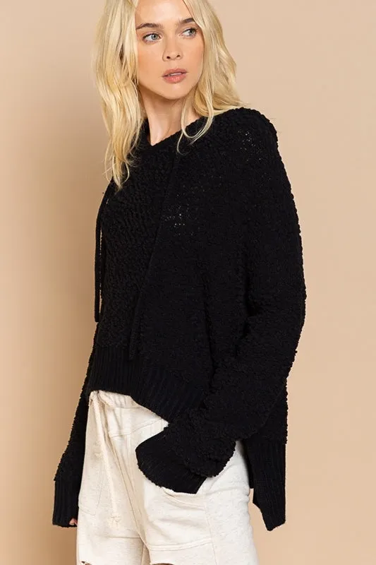 Textured Knit Hoodie, Black