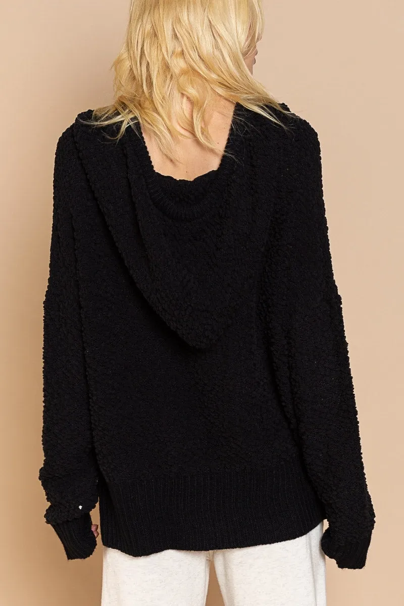 Textured Knit Hoodie, Black