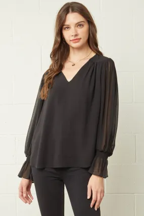 Textured V-Neck Top, Black