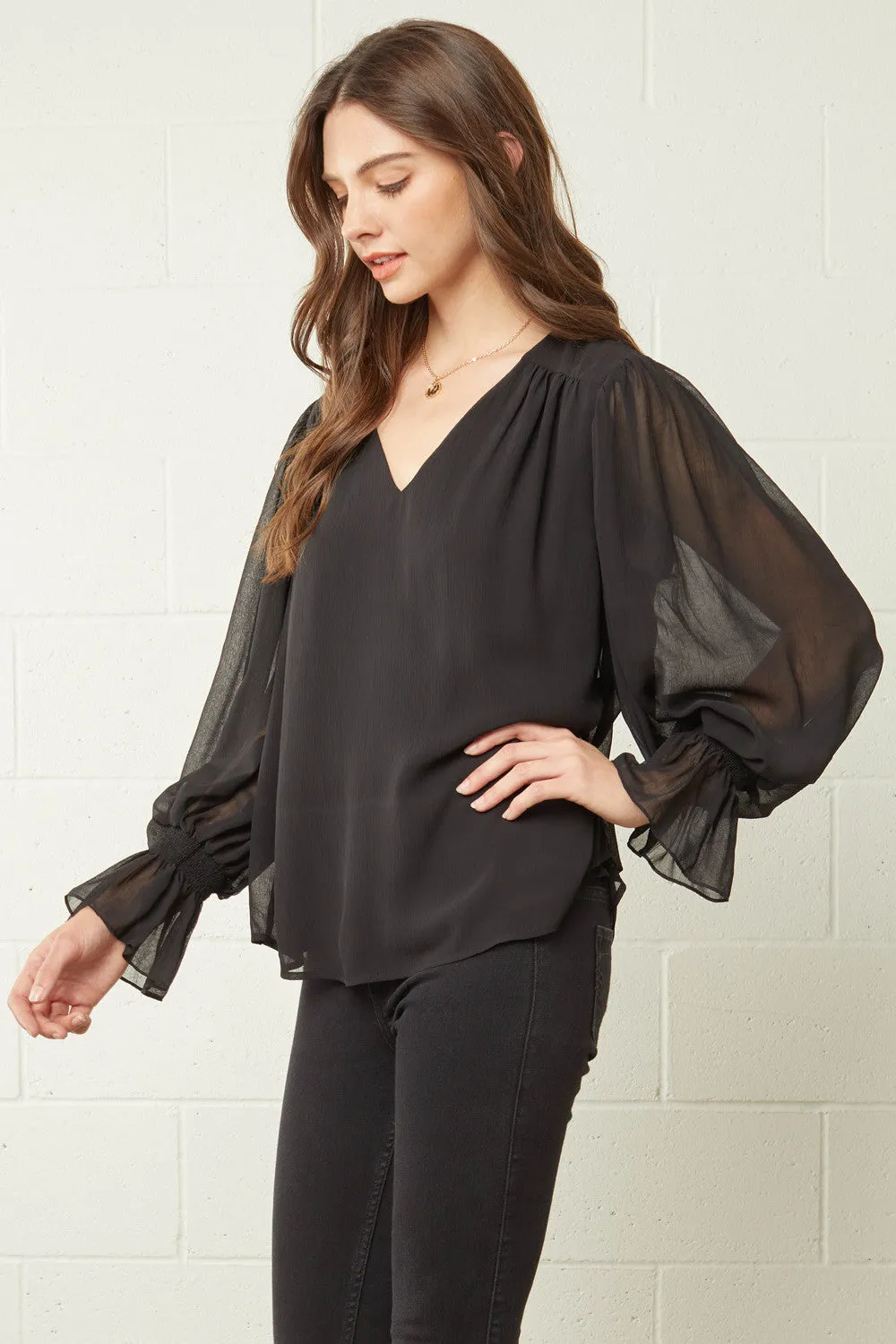 Textured V-Neck Top, Black