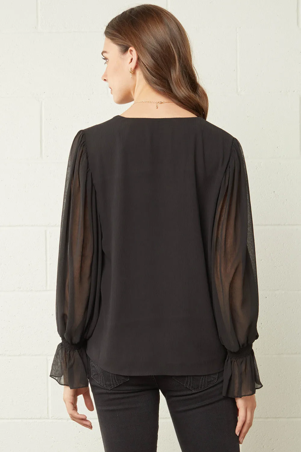 Textured V-Neck Top, Black