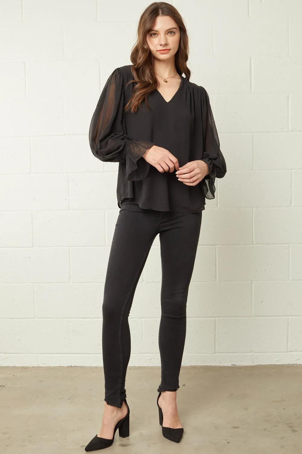 Textured V-Neck Top, Black