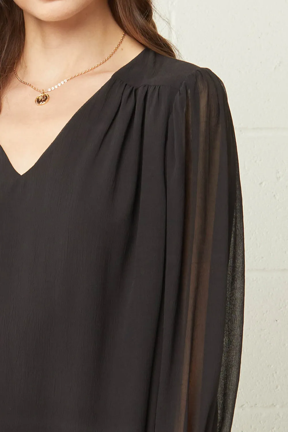 Textured V-Neck Top, Black