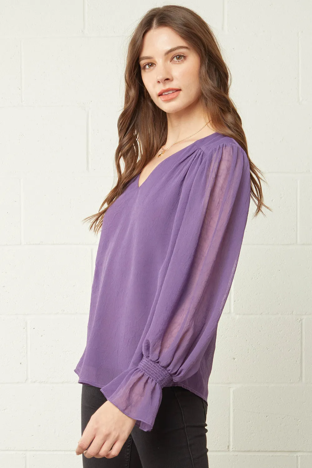 Textured V-Neck Top, Plum