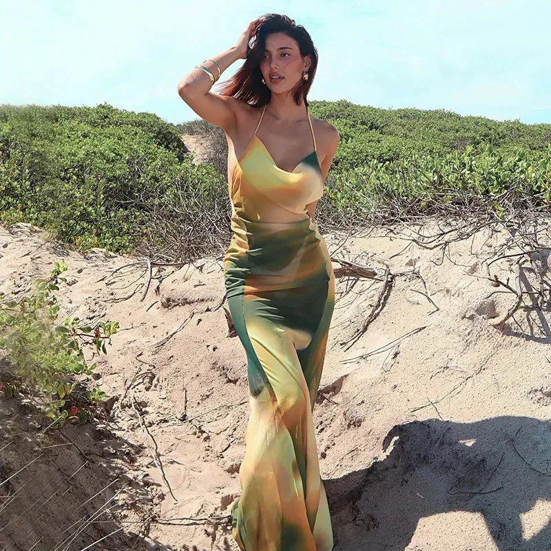 Tie Dye Halter Chiffon Backless Maxi Dress for Summer Party