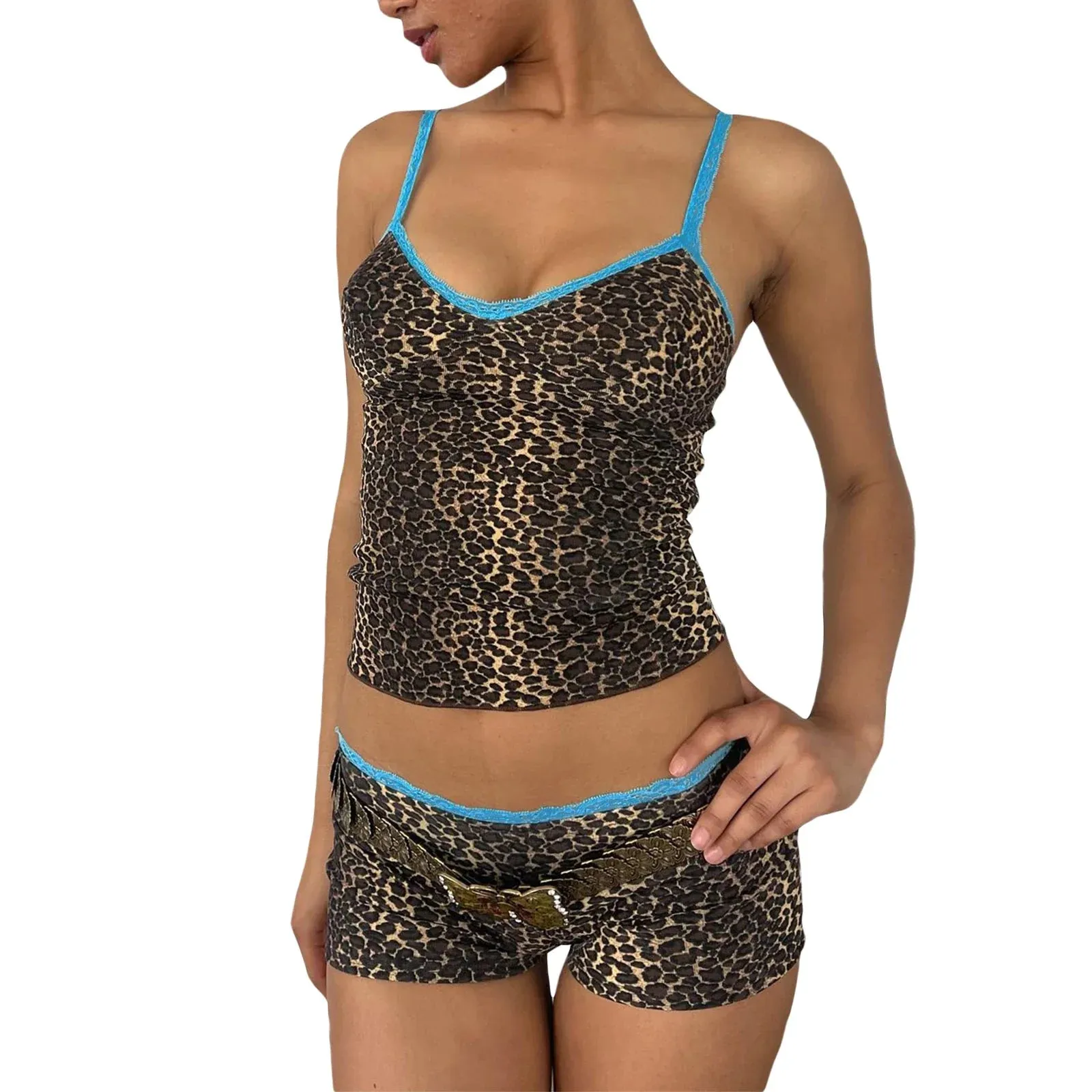 Tops Summer Leopard Print Lace Patchwork Camisole Low Rise Shorts Cami Pajamas