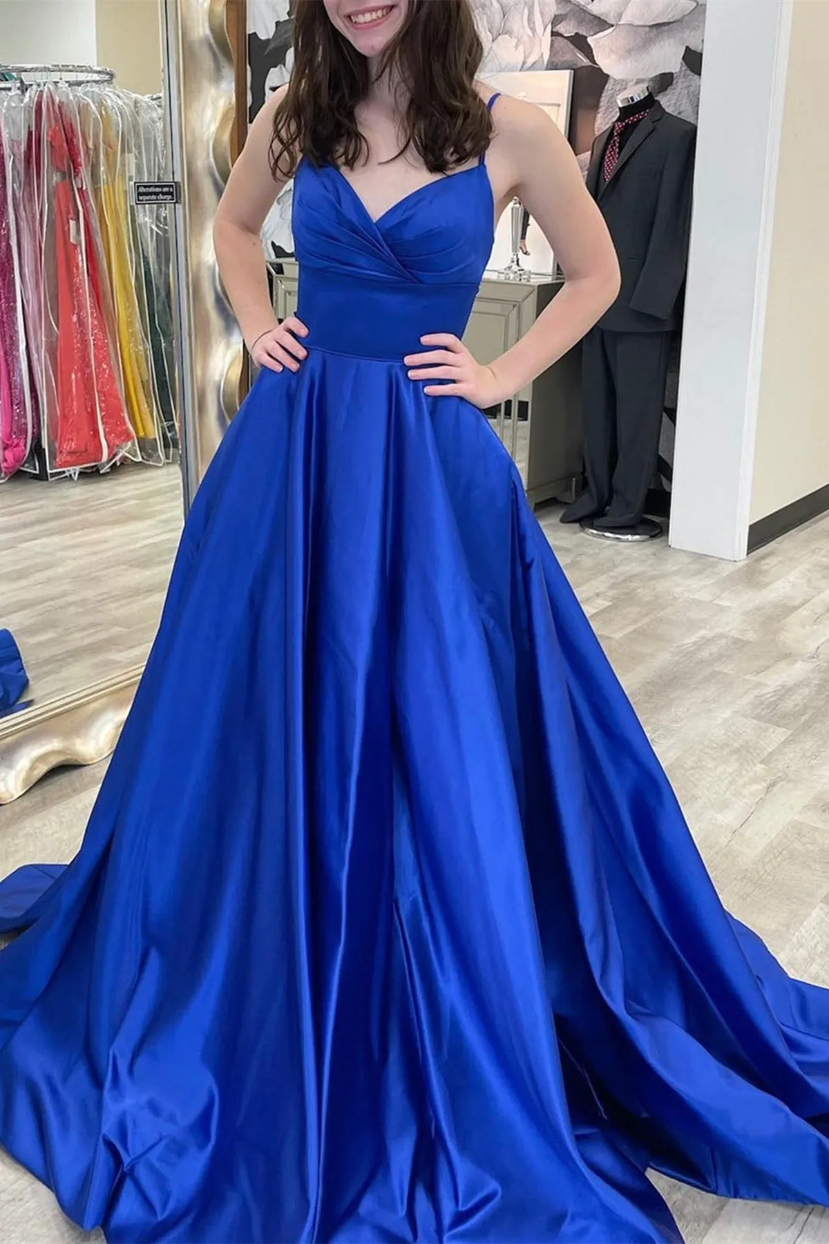 V Neck Backless Royal Blue Satin Long Prom Dress, Backless Royal Blue Formal Dress, Royal Blue Evening Dress A1447