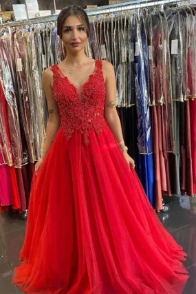 V Neck Open Back Red Lace Long Prom Dress, Red Lace Formal Dress, Red Evening Dress A1339