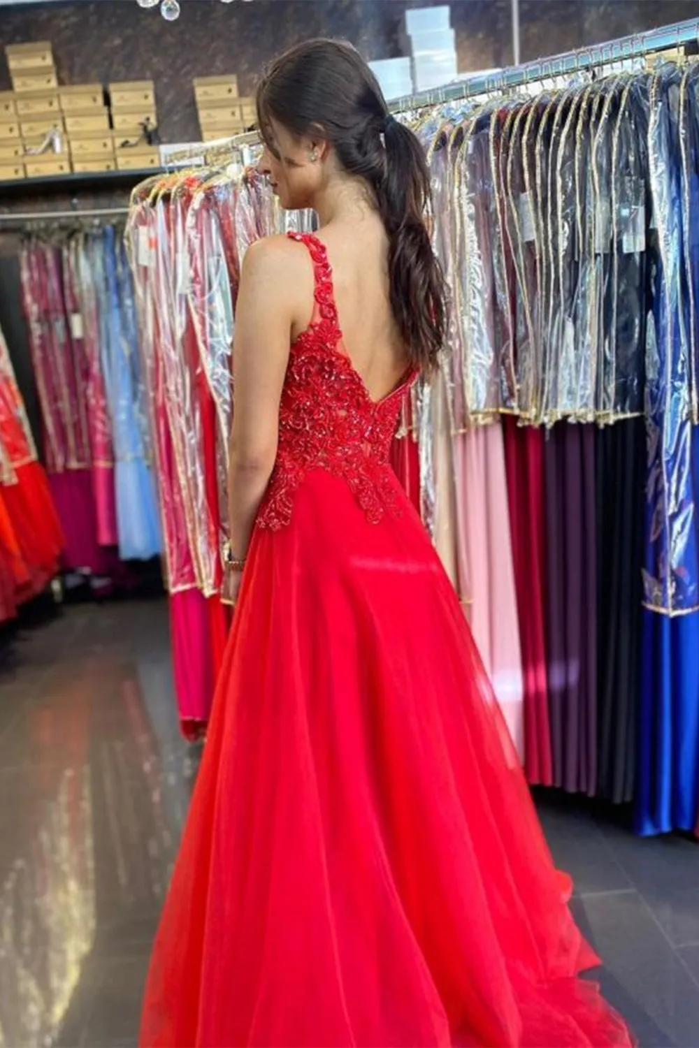 V Neck Open Back Red Lace Long Prom Dress, Red Lace Formal Dress, Red Evening Dress A1339