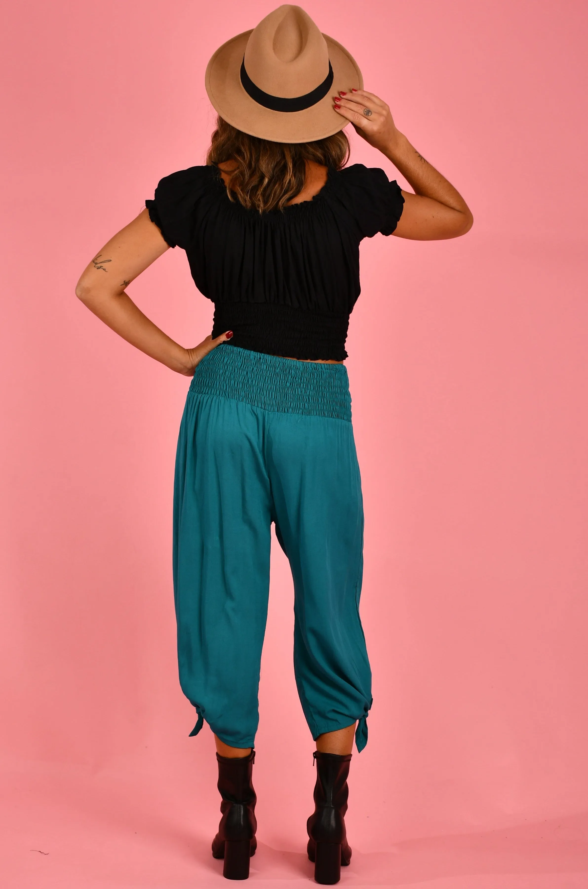 VGLP051 - 3/4 ROUCHED TIE PANTS - TEAL