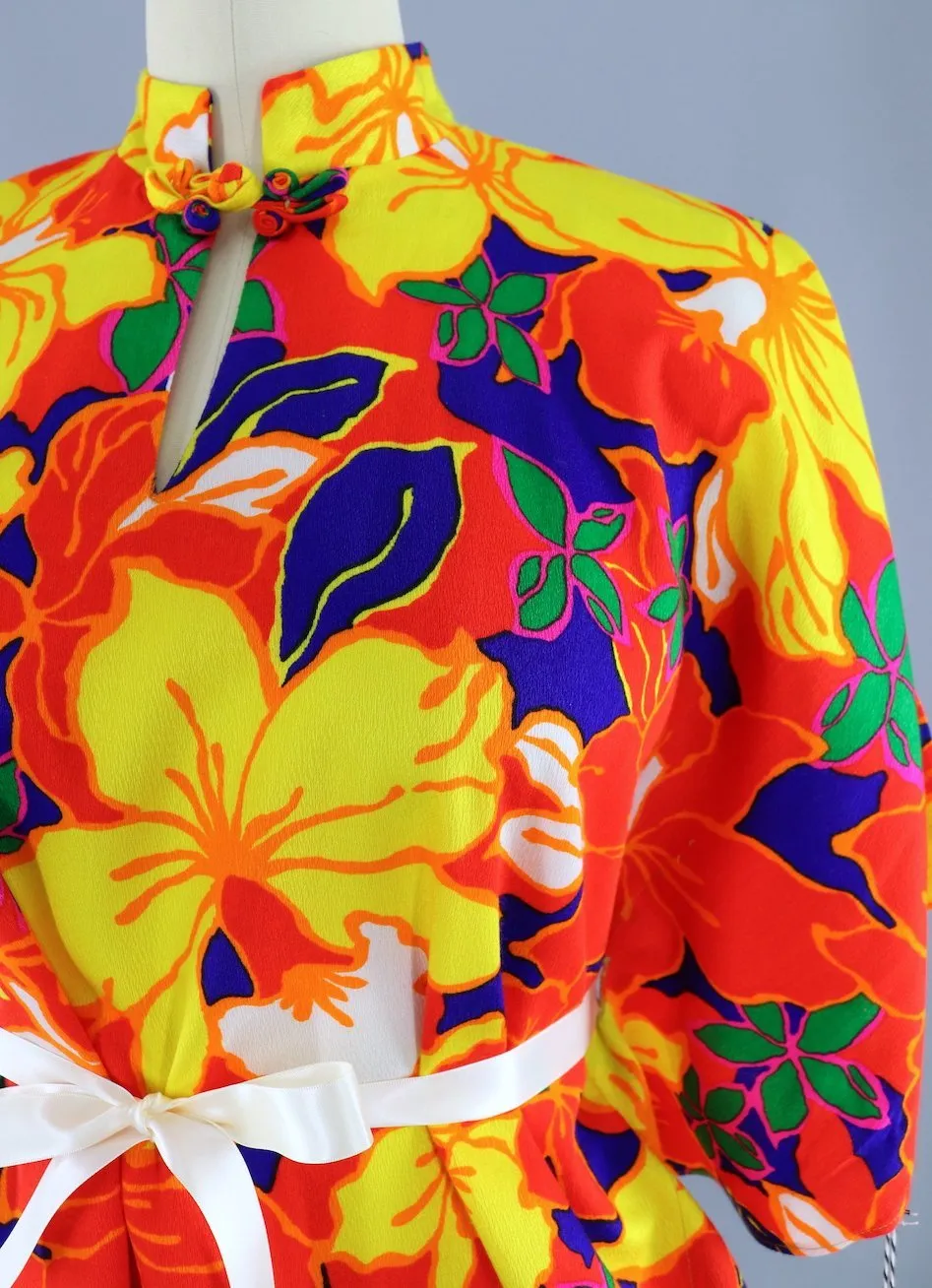 Vintage 1960s Hawaiian Shirt / Orange Neon Foral Print