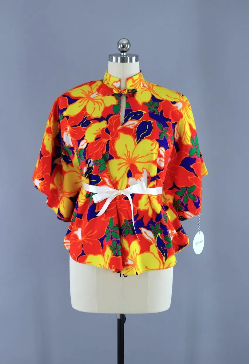 Vintage 1960s Hawaiian Shirt / Orange Neon Foral Print