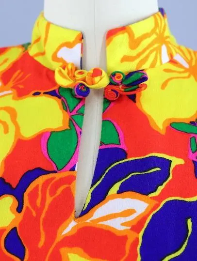 Vintage 1960s Hawaiian Shirt / Orange Neon Foral Print