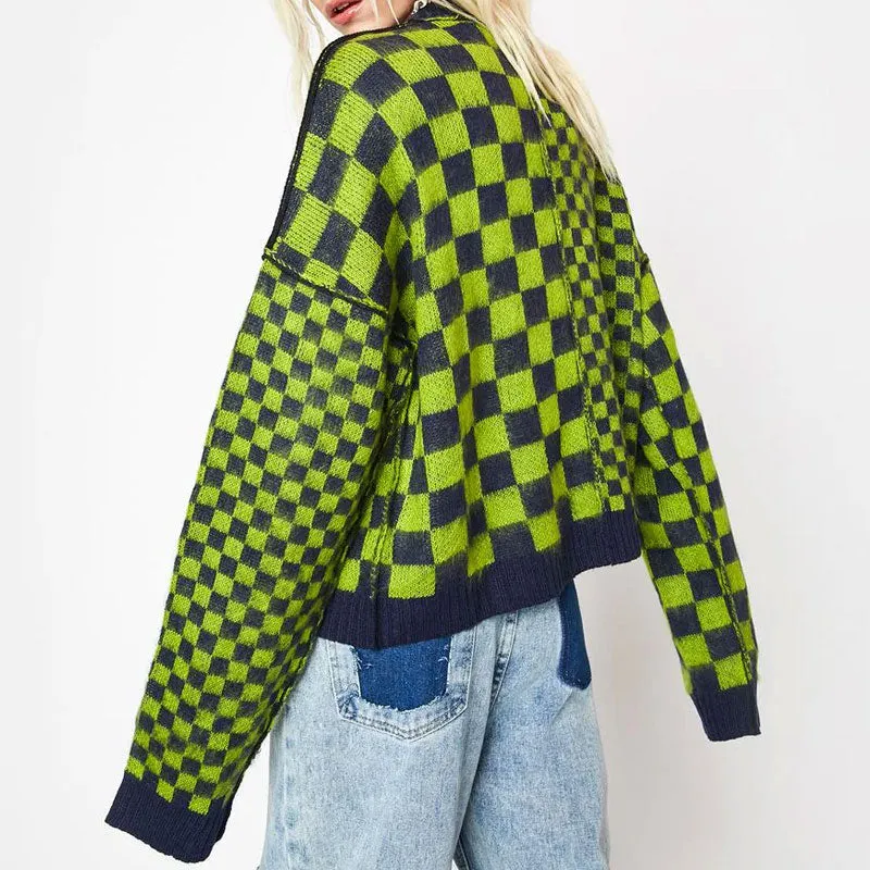 Vintage Checkered Pattern Long Sleeve Knitted Crop Sweater - Green