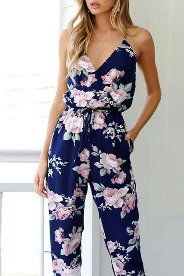 Vintage Deep V-neck Floral Jumpsuit