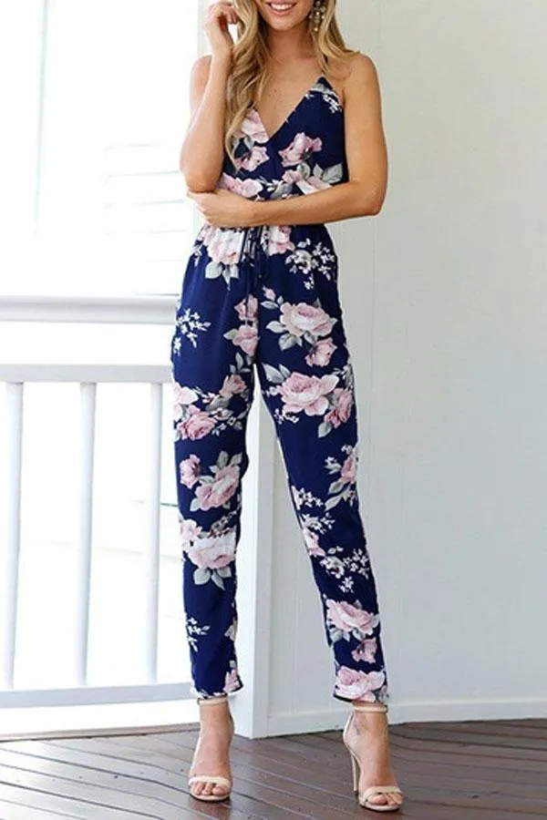 Vintage Deep V-neck Floral Jumpsuit