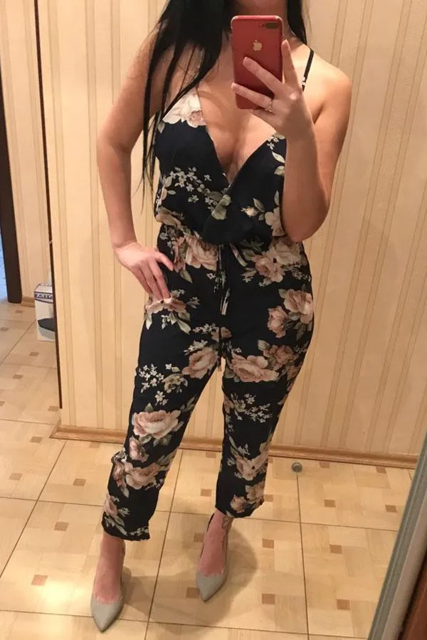 Vintage Deep V-neck Floral Jumpsuit