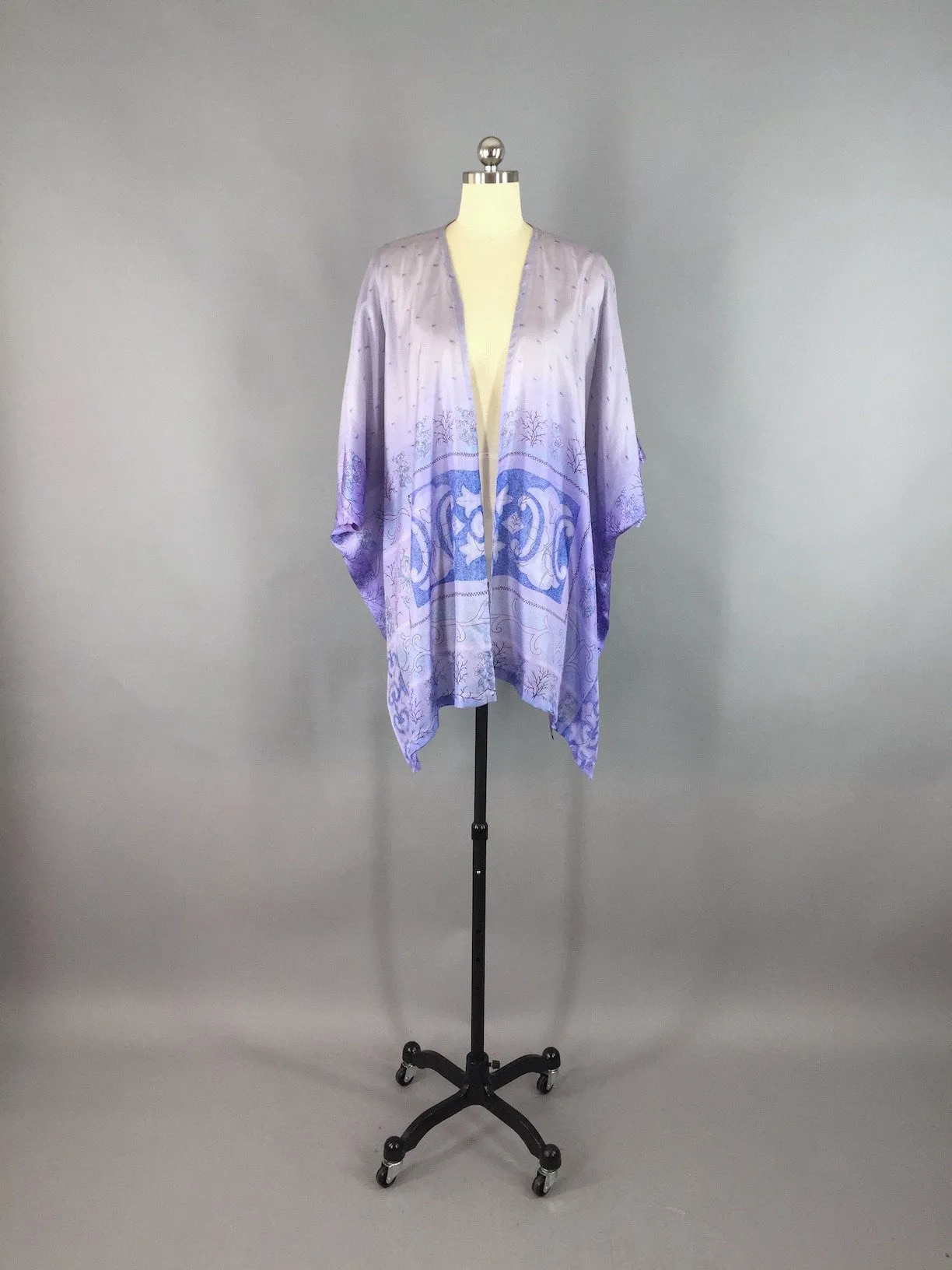 Vintage Silk Sari Kimono Cardigan / Purple Floral Print