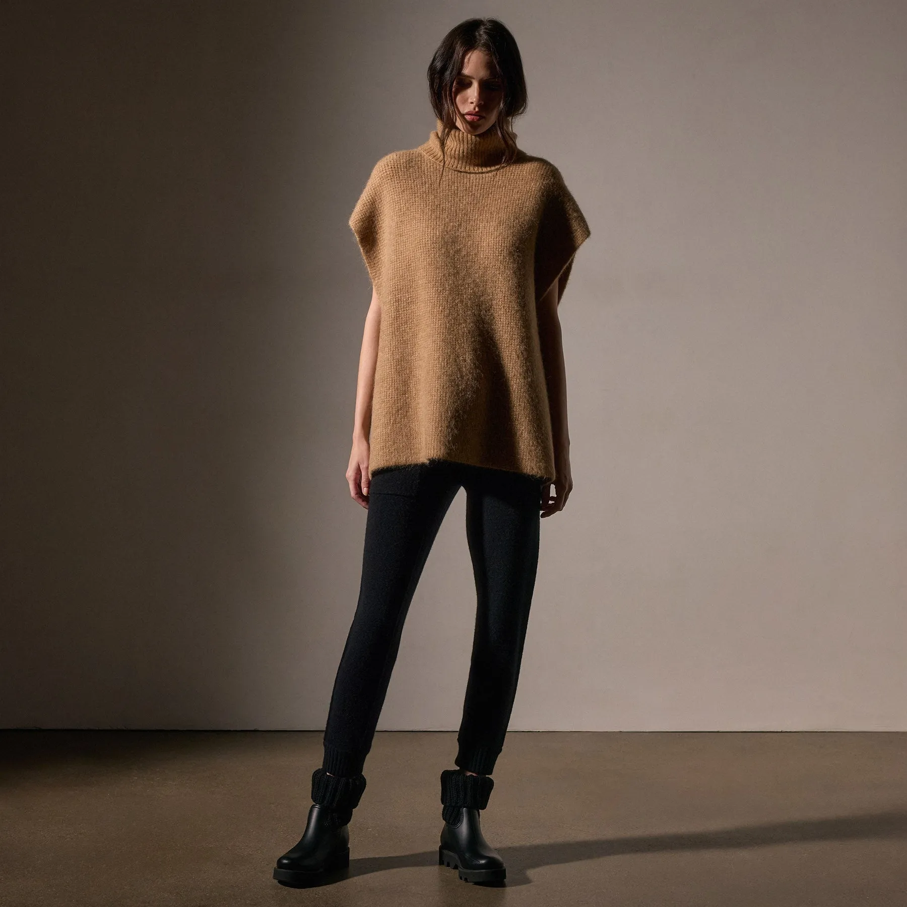 Waffle Knit Funnel Neck Tunic - Camel