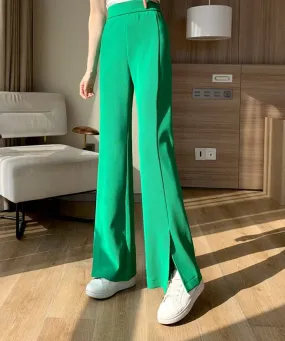 Wenkouban High Street Chic Split Flare Pants For Women High Waist Trousers 2023 Summer Simple Lady Green Black Pants Ice Silk S-XXL