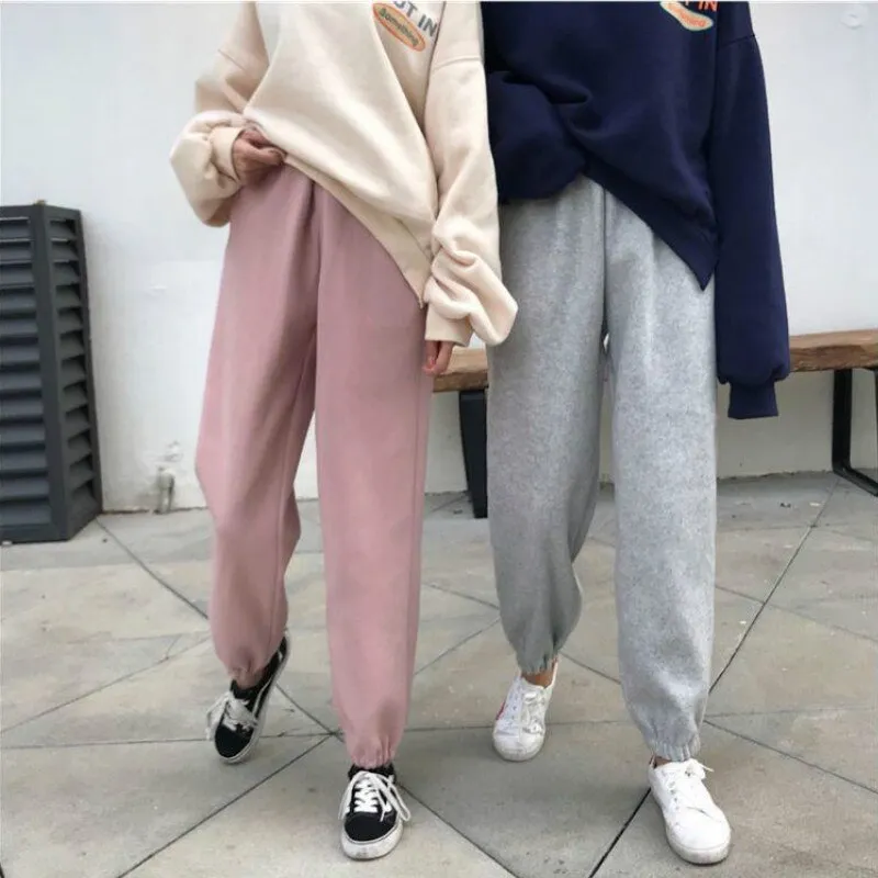 Wenkouban Women Pants Warm Loose Simple Solid Korean Thicken Harem Trousers Vintage Unisex Velvet High Quality Womens Students All-Match