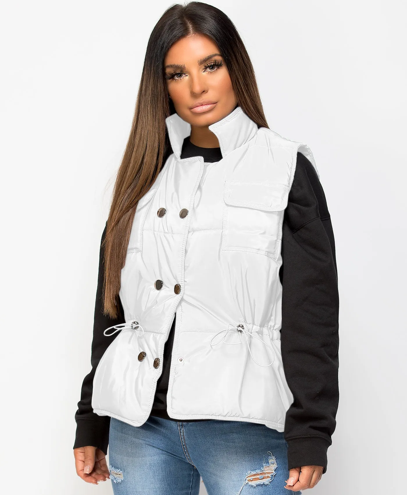 White Drawstring Waist Quilted Gilet Bodywarmer