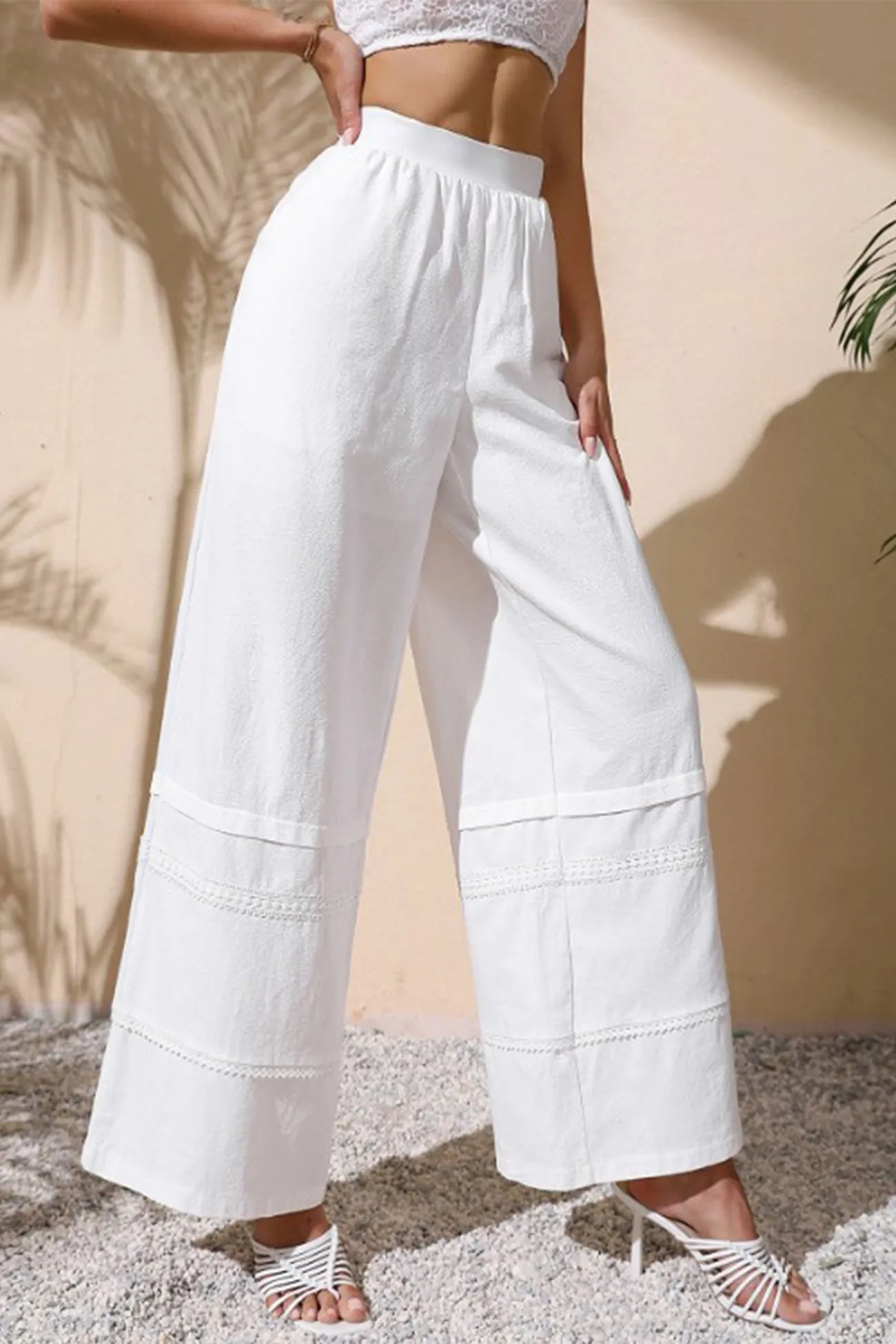 White Embossing Wide Leg Pants