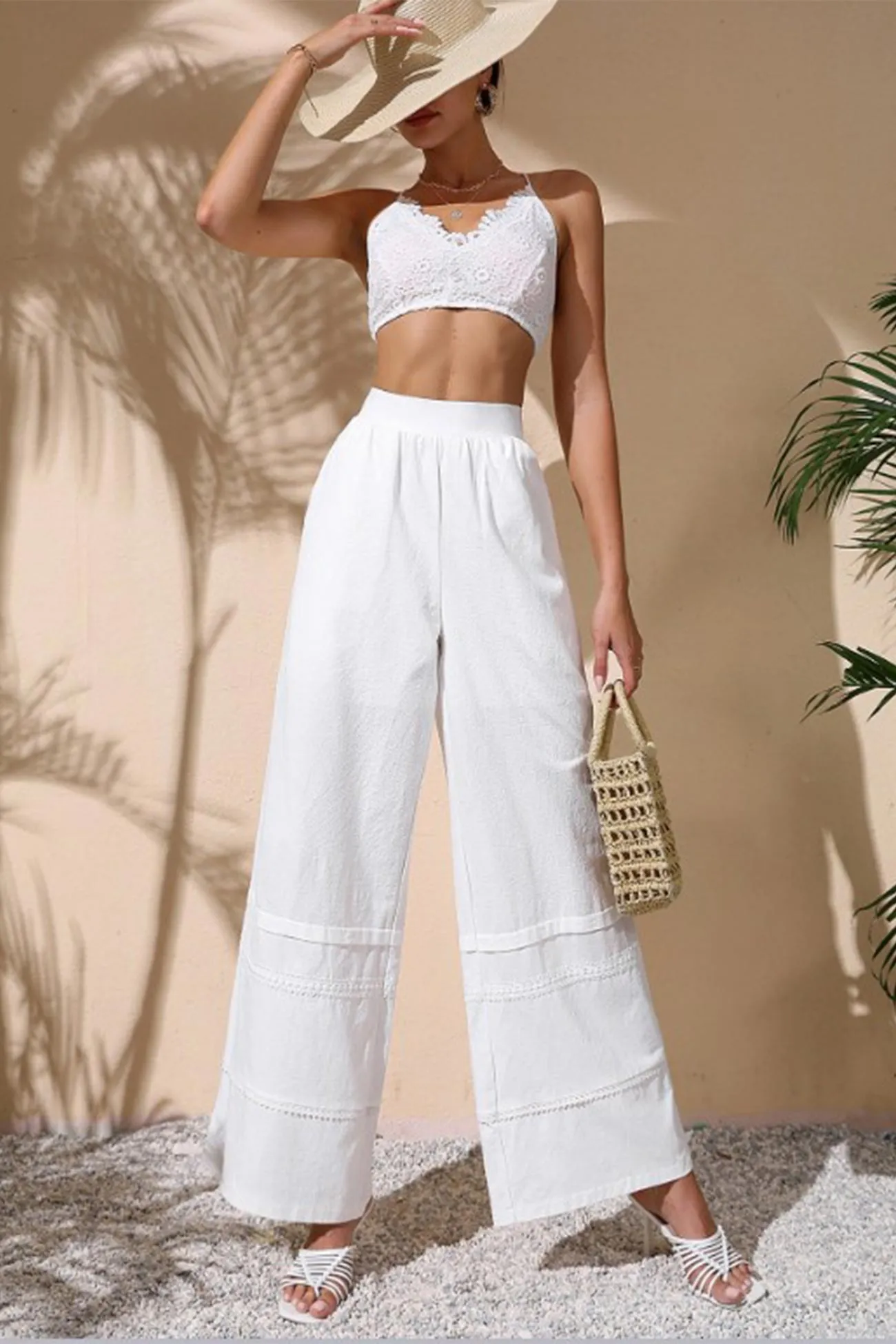 White Embossing Wide Leg Pants